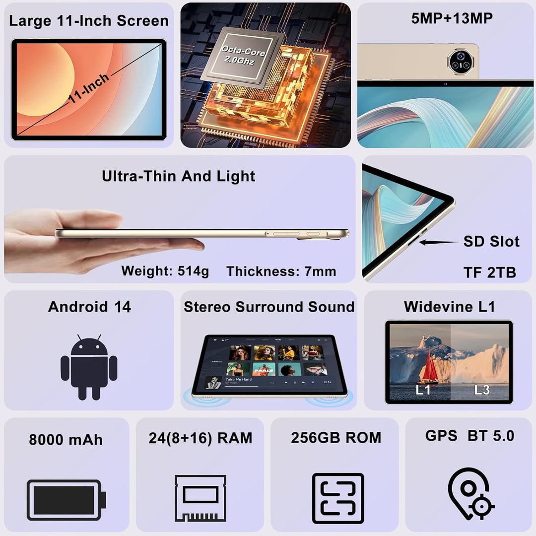 Dghrti 2026 Tableta de 11 Pulgadas, 24GB RAM+256GB ROM(2TB TF), Tab...
