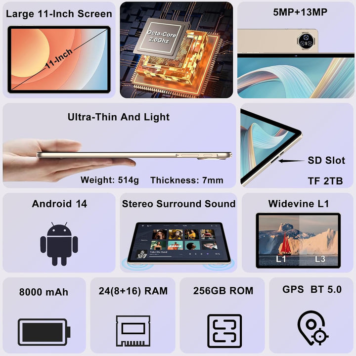 Dghrti 2026 Tableta de 11 Pulgadas, 24GB RAM+256GB ROM(2TB TF), Tab...