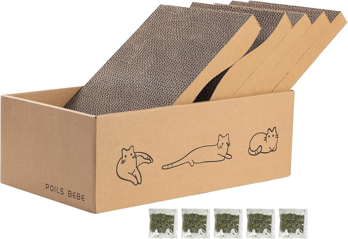5 piezas de rascador para gatos con caja, rascadores reversibles para gatos de interior, rascador de cartón para gatos con hierba gatera, 2 tablas curvas y 3 tablas planas para rascar en la