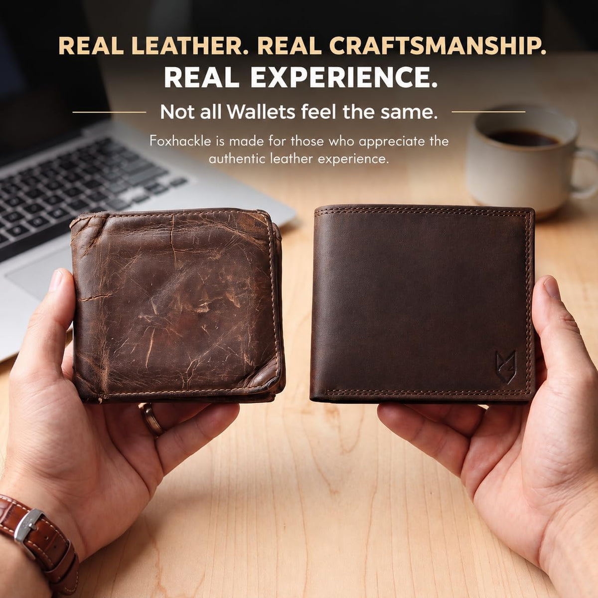 Billetera plegable de cuero de grano superior para hombres | Cartera de bloqueo RFID de doble costura con 2 ventanas para identificación y 10 ranuras para tarjetas, Marrón moca, Bifold