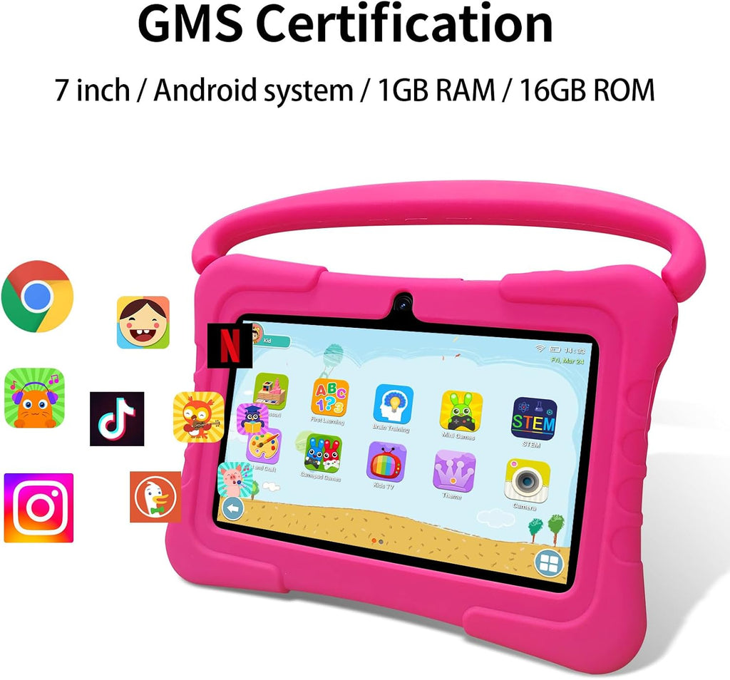 Tablet Kids de 7 pulgadas con funda a prueba de golpes, 1 GB de RAM 32 GB ROM, tableta Android para niños pequeños con Bluetooth, WiFi, GMS, control parental, educativo, juegos (rosa)