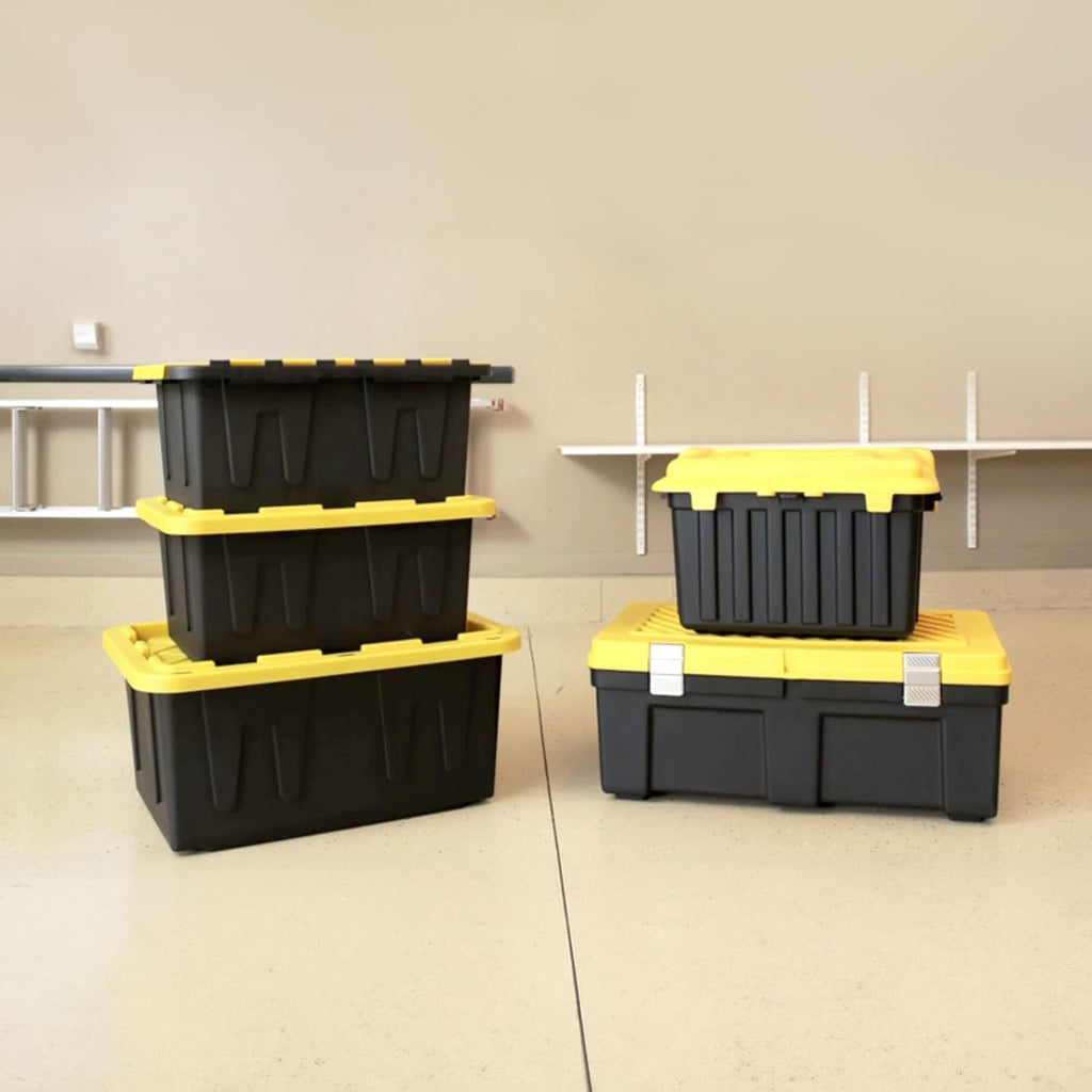 Contenedores de almacenamiento HOMZ Durabilt de plástico con tapas, 15 Gal, Negro/Amarillo, paquete de 2