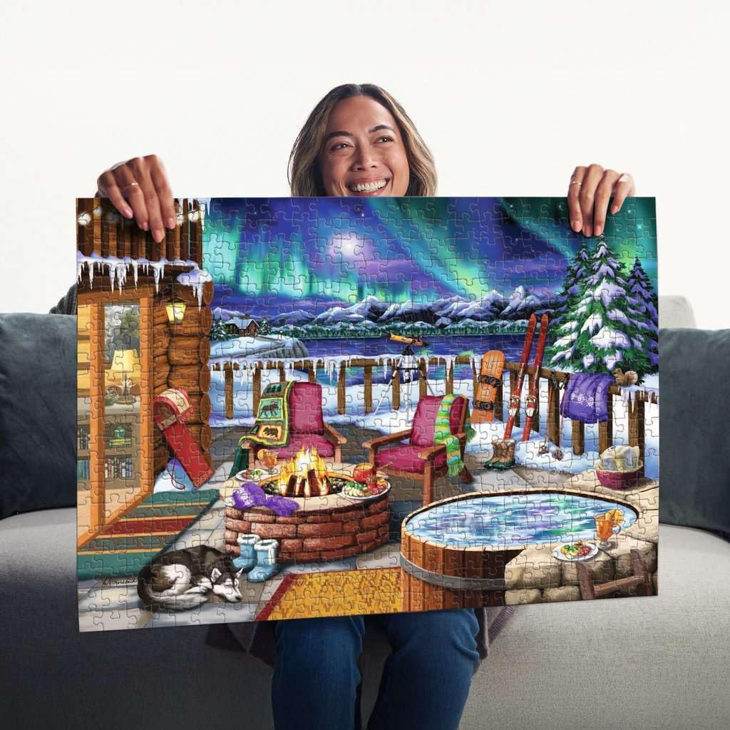 Ravensburger - Northern Lights - Rompecabezas de 500 piezas de gran formato - Impresionante, audaz y vívida imagen del fenómeno - Cabaña cálida junto a la chimenea - Calidad premium - Rompecabezas