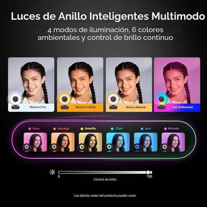 EMEET Cámara web S600L 4K para transmisión con luz de anillo, 4 mod...