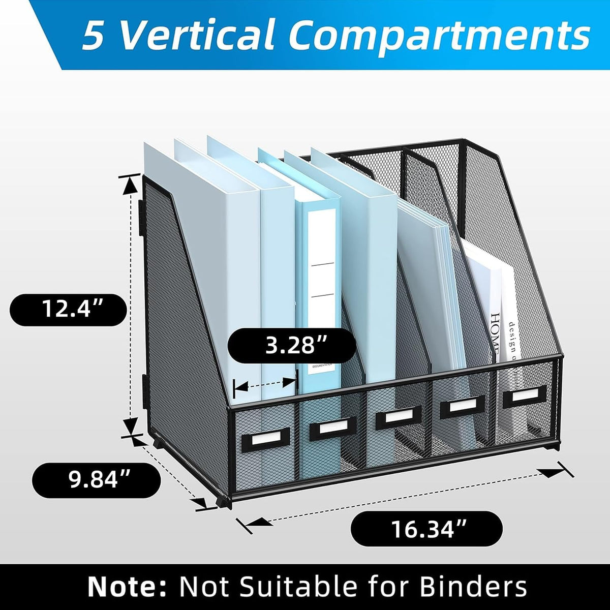 Organizador de escritorio de metal para revistas, con 5 compartimentos verticales, organizador de archivos para escritorio de oficina, aula, espacio de trabajo en casa, color negro