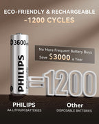 Lámpara PHILIPS Batería de litio AA recargable, paquete de 4, batería de iones de litio de 1.5 V 3600 mWh, 1200 baterías de larga duración funciona con controladores de juego