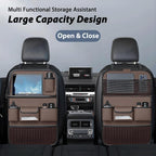 Paquete de 2 organizadores universales plegables para asiento trasero de automóvil con bandeja de mesa, protector de asiento de automóvil con soporte para teléfono para pantalla táctil, alfombrillas de cuero de primera calidad con bolsillos de