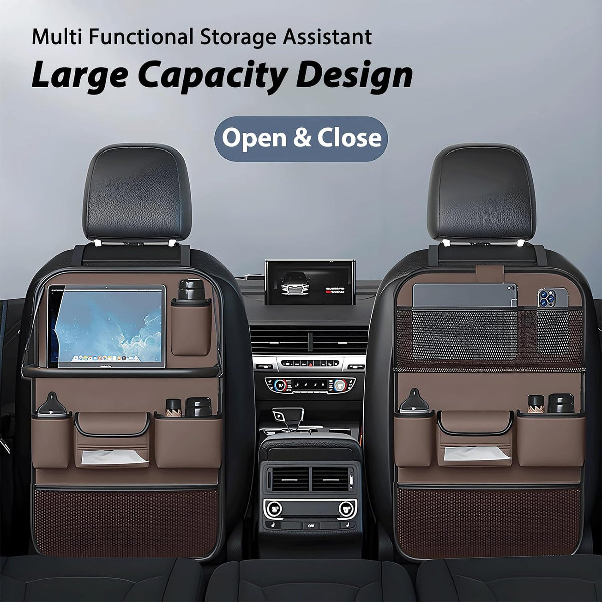 Paquete de 2 organizadores universales plegables para asiento trasero de automóvil con bandeja de mesa, protector de asiento de automóvil con soporte para teléfono para pantalla táctil, alfombrillas de cuero de primera calidad con bolsillos de