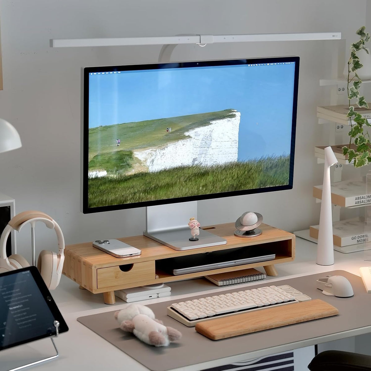 Soporte elevador de bambú para monitor con cajón