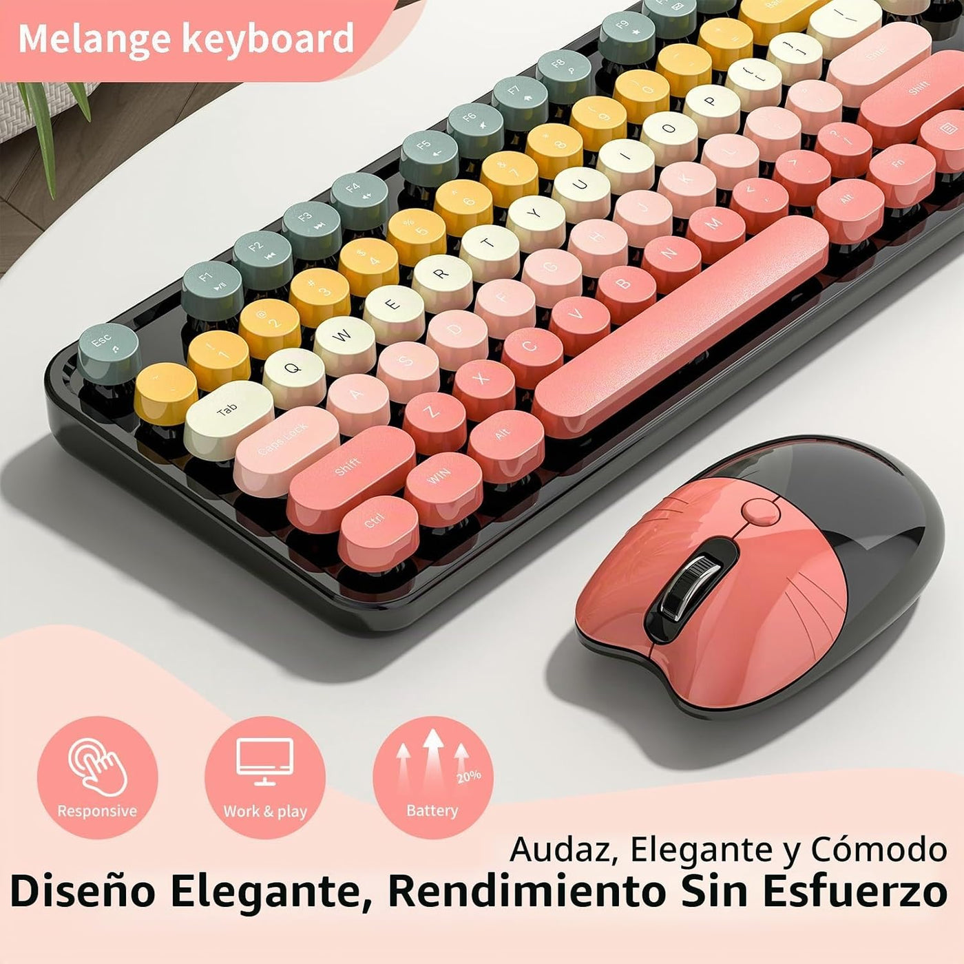 Teclado y ratón inalámbricos, MOFII 104 teclas redondas máquina de...