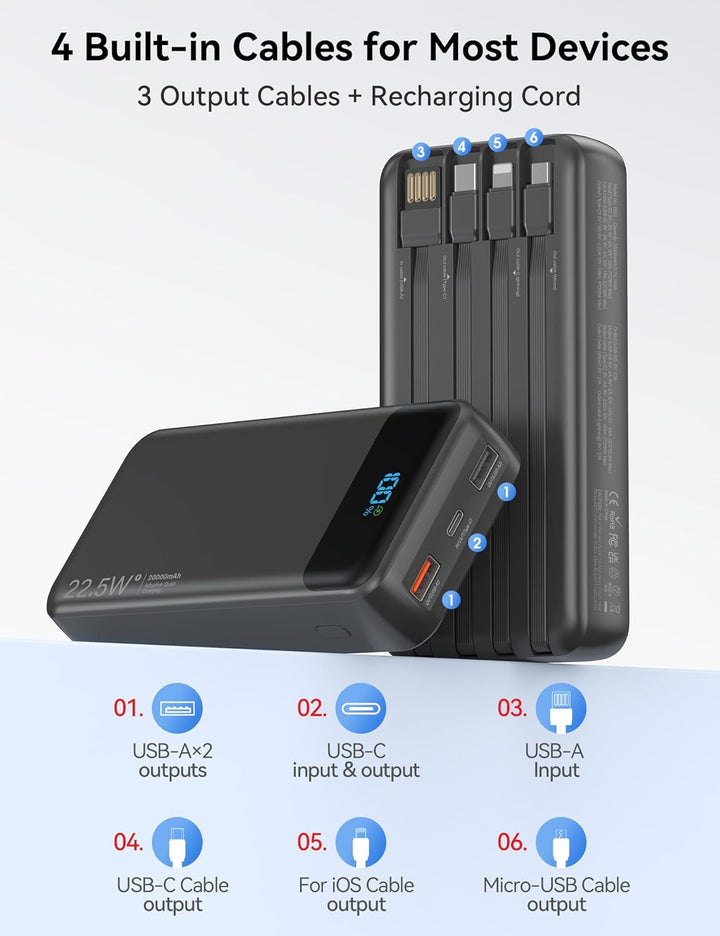 Nusyddy Cargador portátil de 20000 mAh integrado con 4 cables, bate...