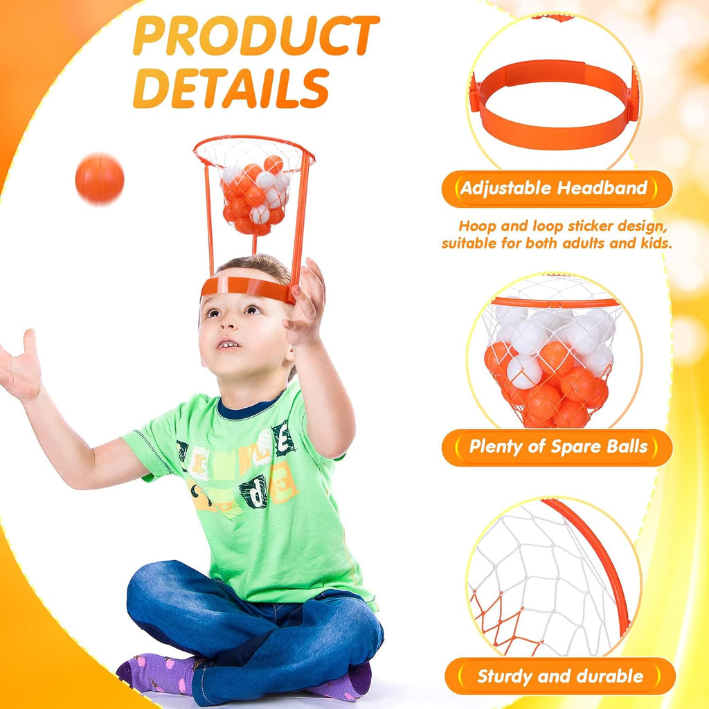 Juego de Baloncesto de Aro de Cabeza para Fiesta de Partido de Carnaval para Niños y Adultos, Portátil Ajustable, con Banda para la Cabeza y Red de Canasta, Incluye Pelotas, para Cumpleaños, Carnaval