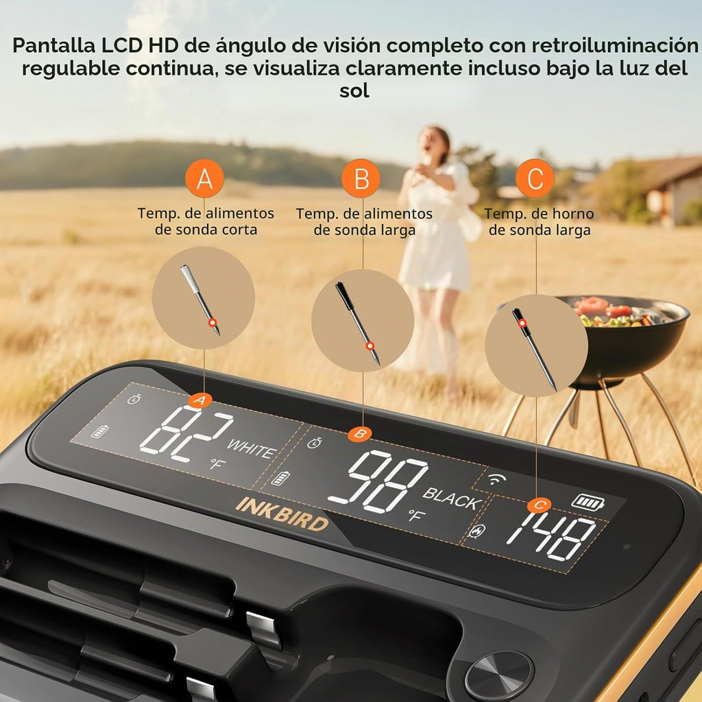 Termómetro inalámbrico WiFi para carne de 5GHz y 2.4GHz, termómetro inteligente WiFi INKBIRD con 2 sondas codificadas por tamaño y rango ilimitado, termómetro Bluetooth 5.4 con LCD legible de 360°