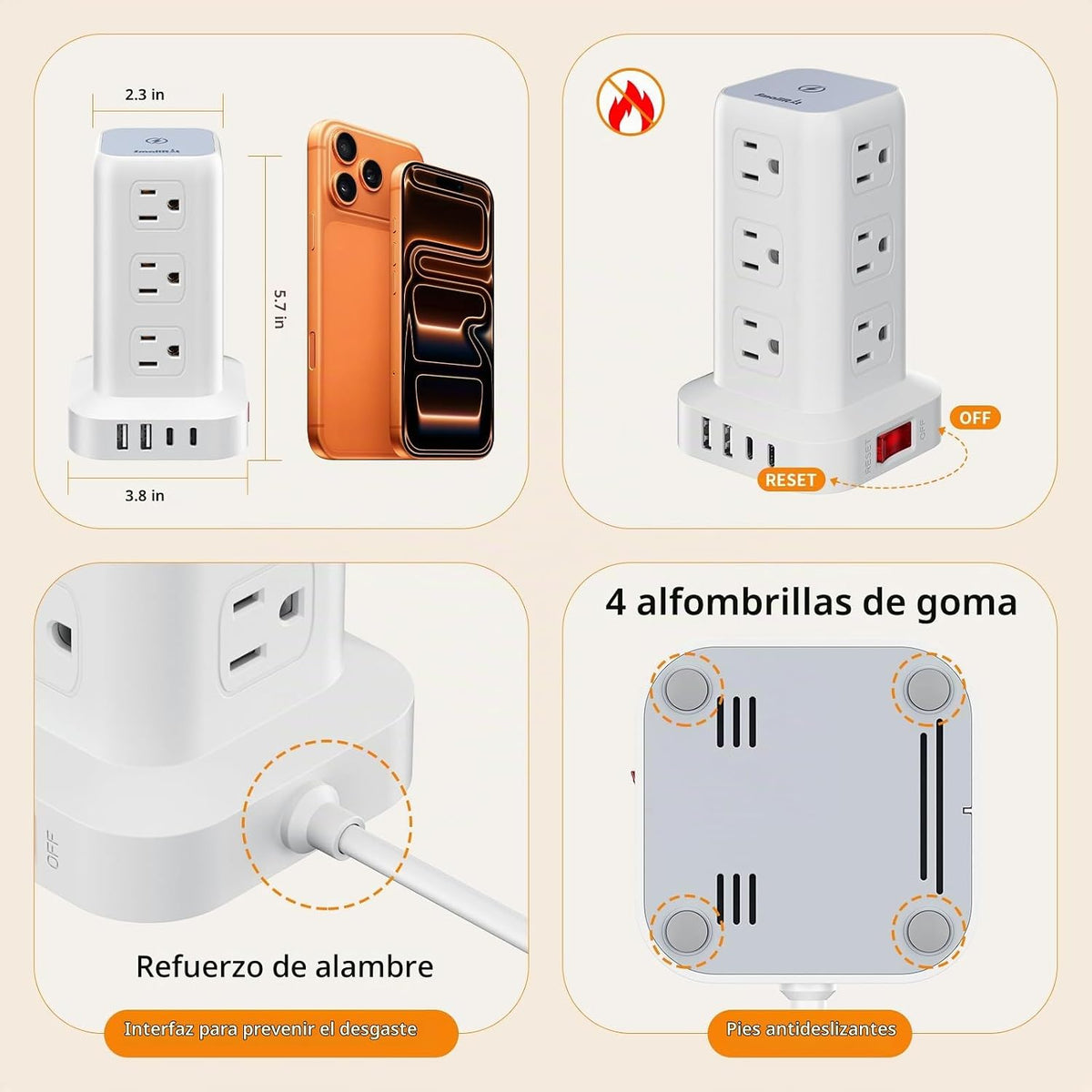 SMALLRT - Cable de extensión con múltiples tomas, torre de regleta de alimentación con protector de sobretensiones, extensor de salida de 10 pies con 12 salidas de CA, 4 USB, regleta de alimentación
