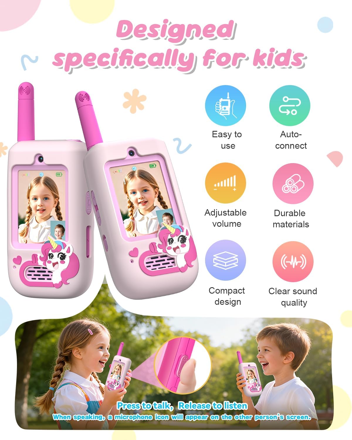 Walkie Talkies de video para niños, paquete de 2 cámaras HD recargables, de