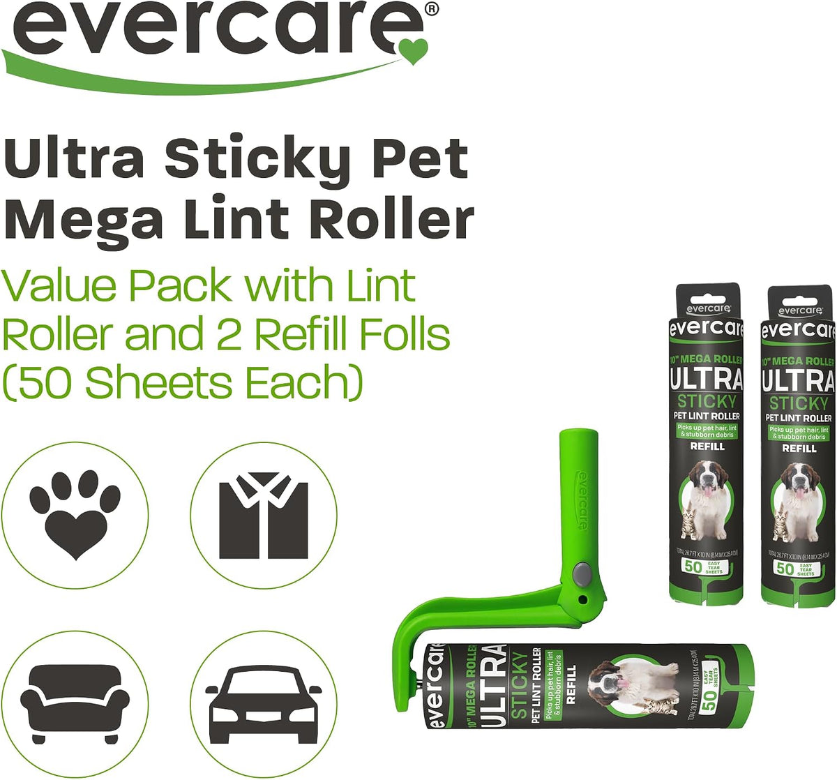 Lámpara Evercare Ultra Sticky Pet Mega - Rodillo de pelusa para mascotas, limpiador manual de ropa y muebles con mango y 2 repuestos, 50 hojas cada uno