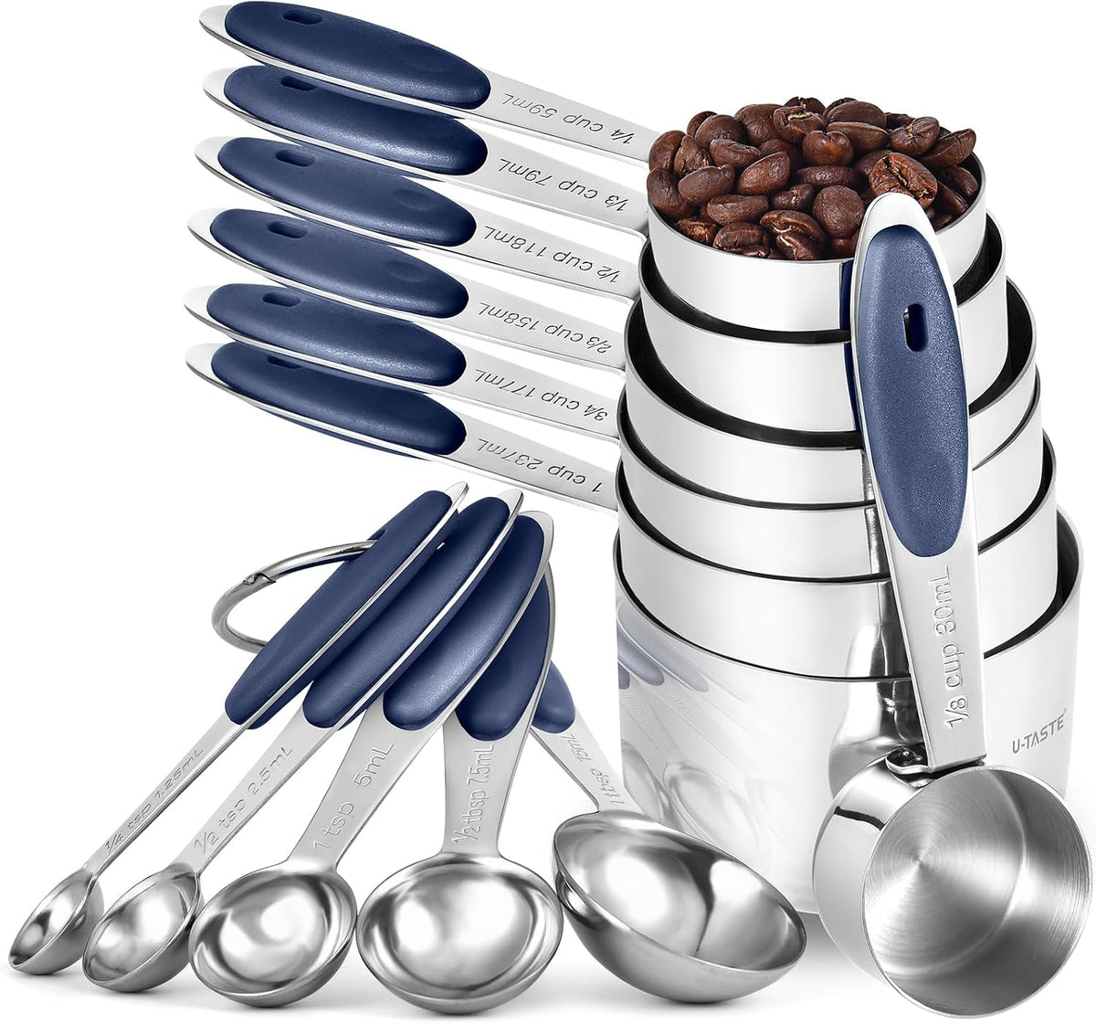 U-Taste - Juego de cucharas medidoras de acero inoxidable 18/8, 12 unidades, azul medianoche
