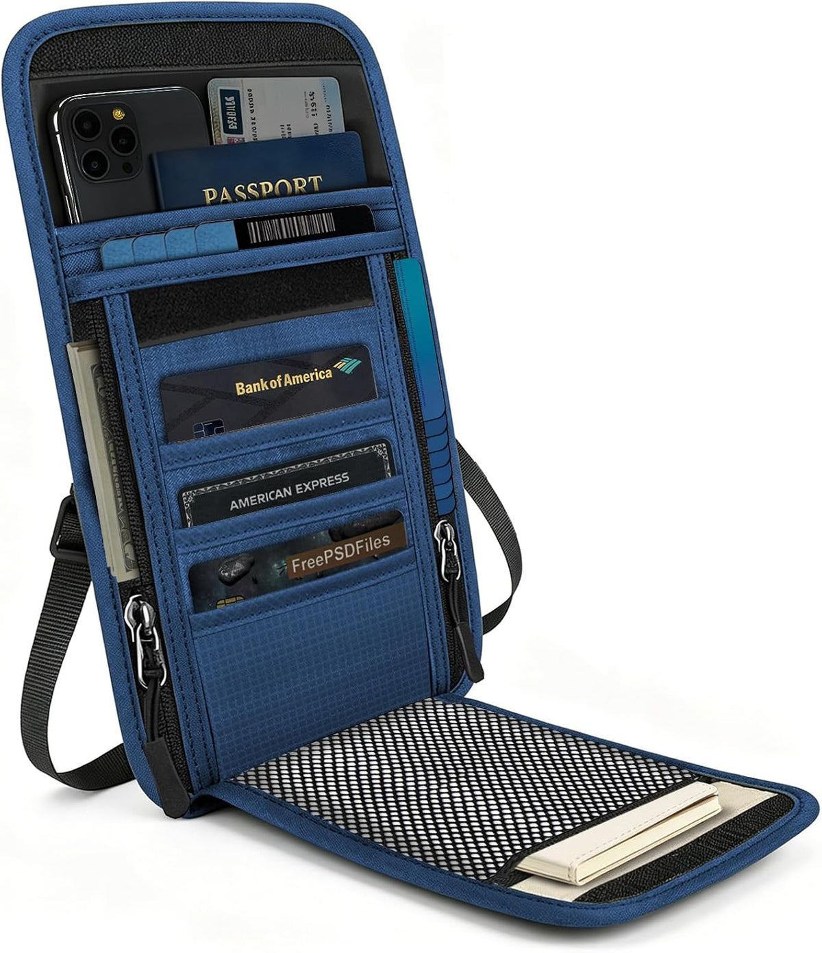 Cartera de cuello con bloqueo RFID, bolsa oculta para pasaporte de viaje, oculta debajo de la ropa, seguridad antirrobo, ajustable y ligera para vacaciones, aeropuertos, Azul oscuro, Bolsa de