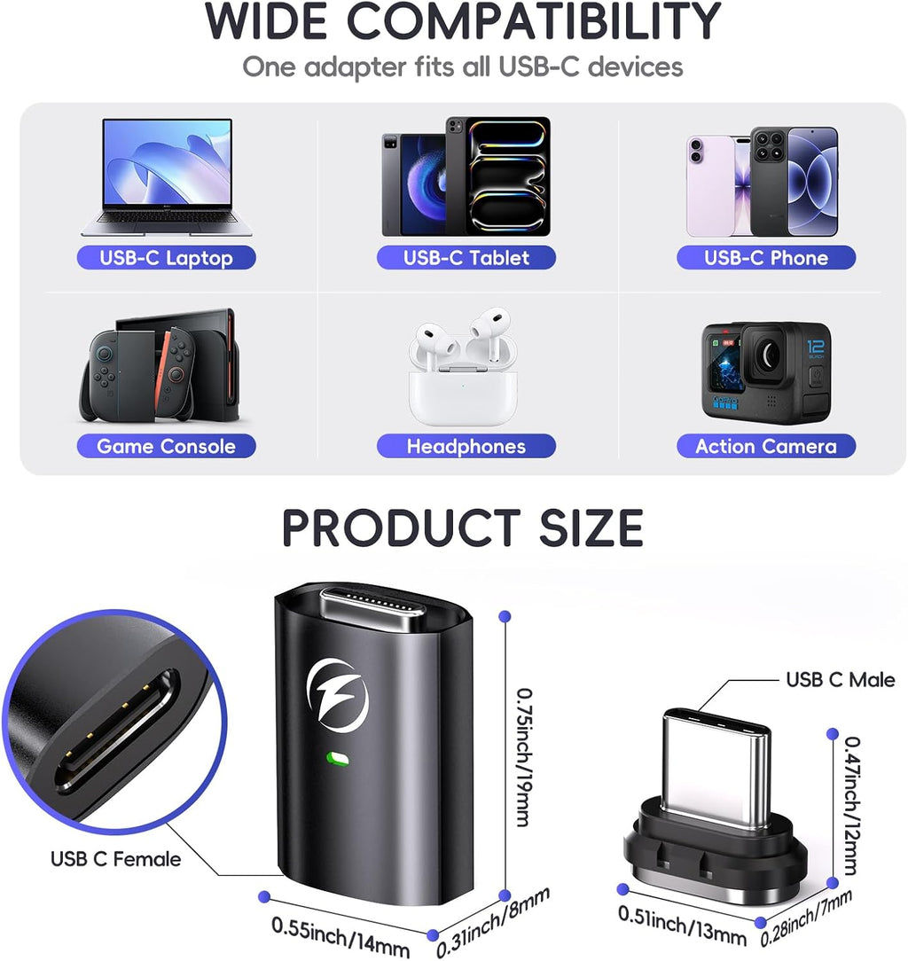 Adaptador Magnético USB C de 240W, 2 Unidades de Adaptador Recto de 24 Pines con Tapón de Polvo