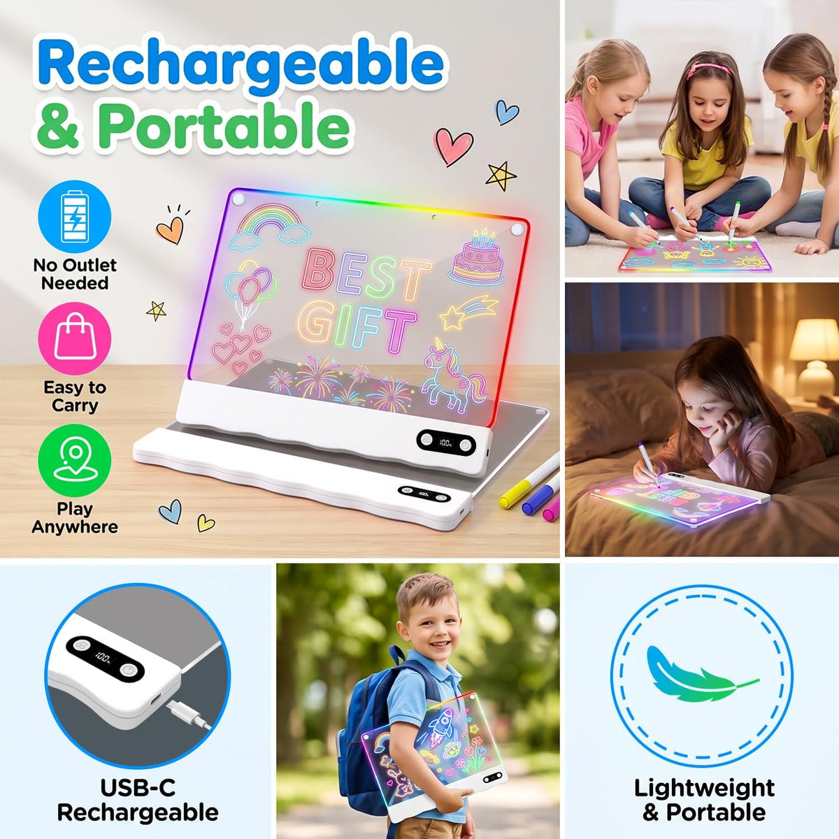 Paquete de 2 tableros de dibujo de luz LED recargables para niños