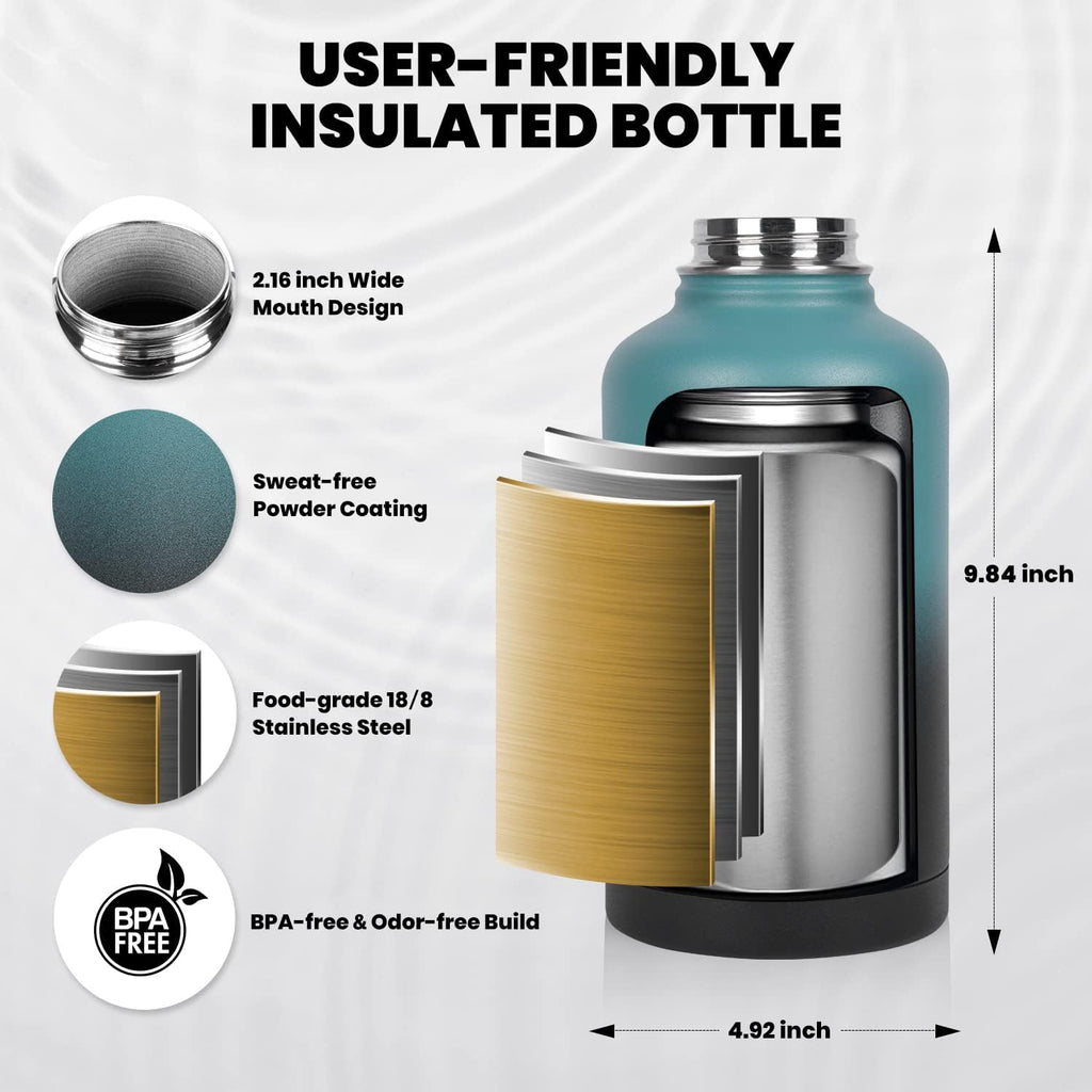 RAYMYLO Botella de acero inoxidable|Aislamiento al vacío de triple pared (fría por hasta 48 horas)|A prueba de fugas|Sin BPA|De 64 oz|Cuerda de paracaídas|Tapa con boquilla y popote