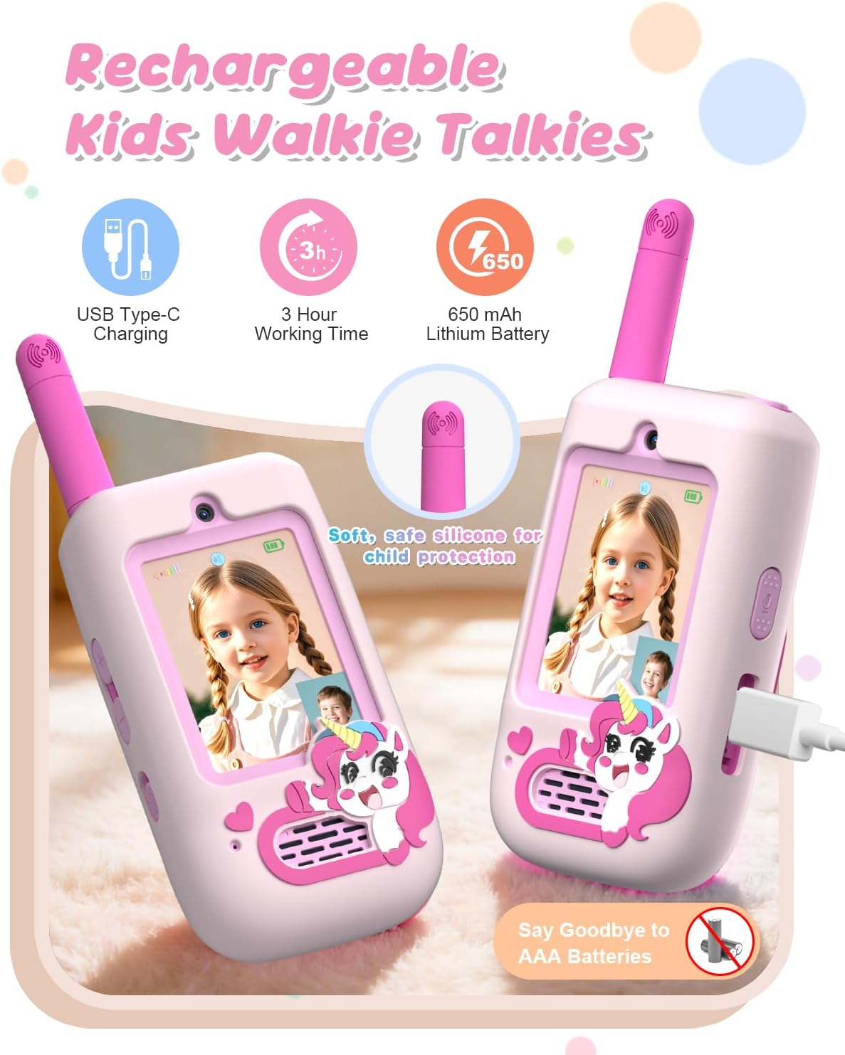Walkie Talkies de video para niños, paquete de 2 cámaras HD recargables, de