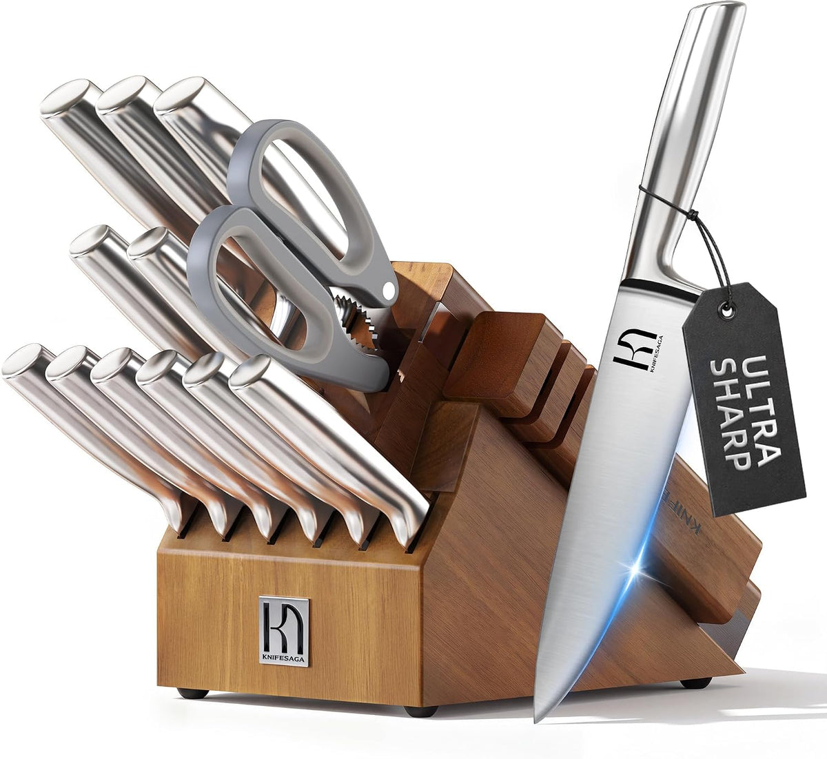 KnifeSaga - Juego de cuchillos de 14 piezas con bloque y afilador