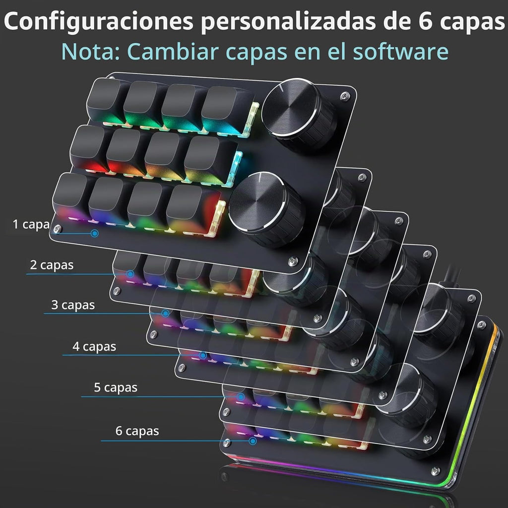 Koolertron Teclado programable macro, teclado mecánico programable con una mano, interruptor azul RGB intercambiable en caliente, 12 teclas 2 botones retroiluminado teclado para trabajar y jugar, negro