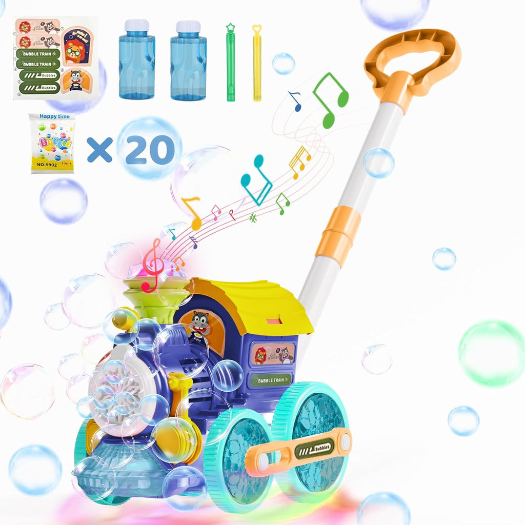Máquina de burbujas, soplador de burbujas, cortacésped de burbujas para niños pequeños, tren de música de burbujas con luz, juguetes de verano al aire libre para patio trasero para 1-8 edades, regalos