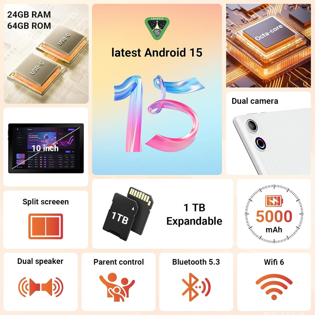 Hakaug Tableta Android de 10 Pulgadas, Procesador Octa-Core, 24 GB...