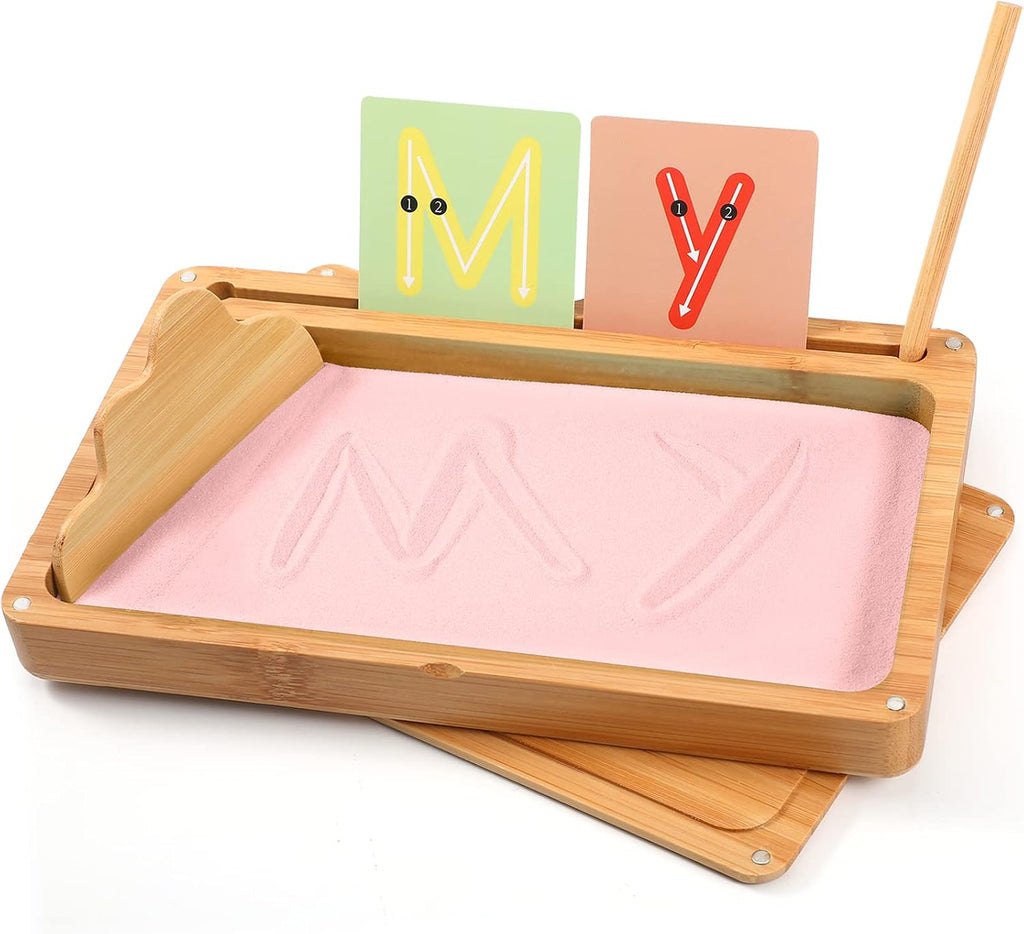 AtMini Montessori Bandeja de arena con tapa, bandejas de arena de madera para niños que escriben letras y números, imprescindibles para el aula preescolar, herramientas de aprendizaje de jardín de