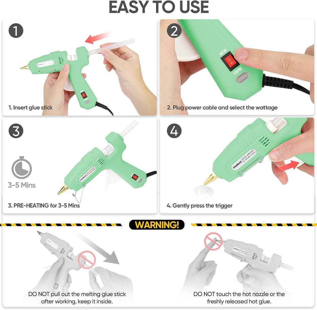 Pistola de pegamento caliente de tamaño completo ROMECH con potencia dual de 60/100 W y 21 barras de pegamento caliente (4,4 cm), pistola de pegamento industrial resistente con precalentamiento rápido