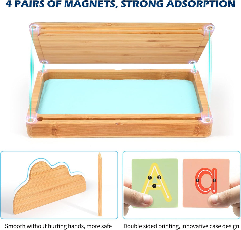AtMini Bandeja de arena para aula, bandeja de arena Montessori con tapa, bandejas de arena de madera para niños, letras y números (azul)