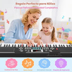 Teclado de piano para niños de 61 teclas con teclas iluminadas, modo de enseñanza, altavoz dual