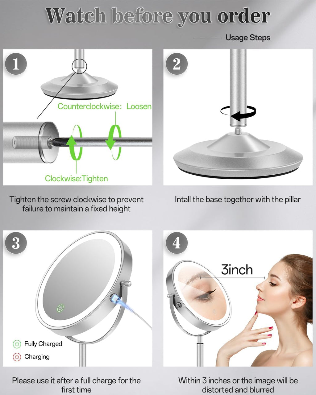 Espejo de maquillaje iluminado de 8 pulgadas con luz, espejo ajustable de