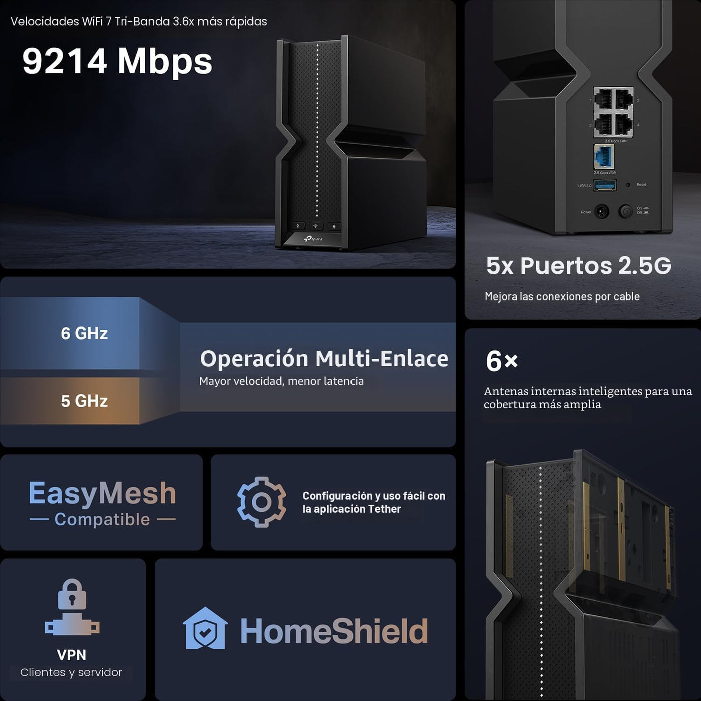 TP-Link Tri-Band BE9300 WiFi 7 Router (Archer BE550) - 6-Stream, Pu...