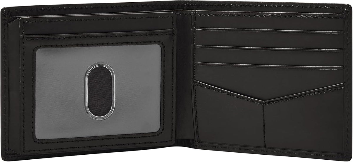 Fossil Derrick - Cartera de piel con bloqueo RFID, plegable con identificación abatible, Negro