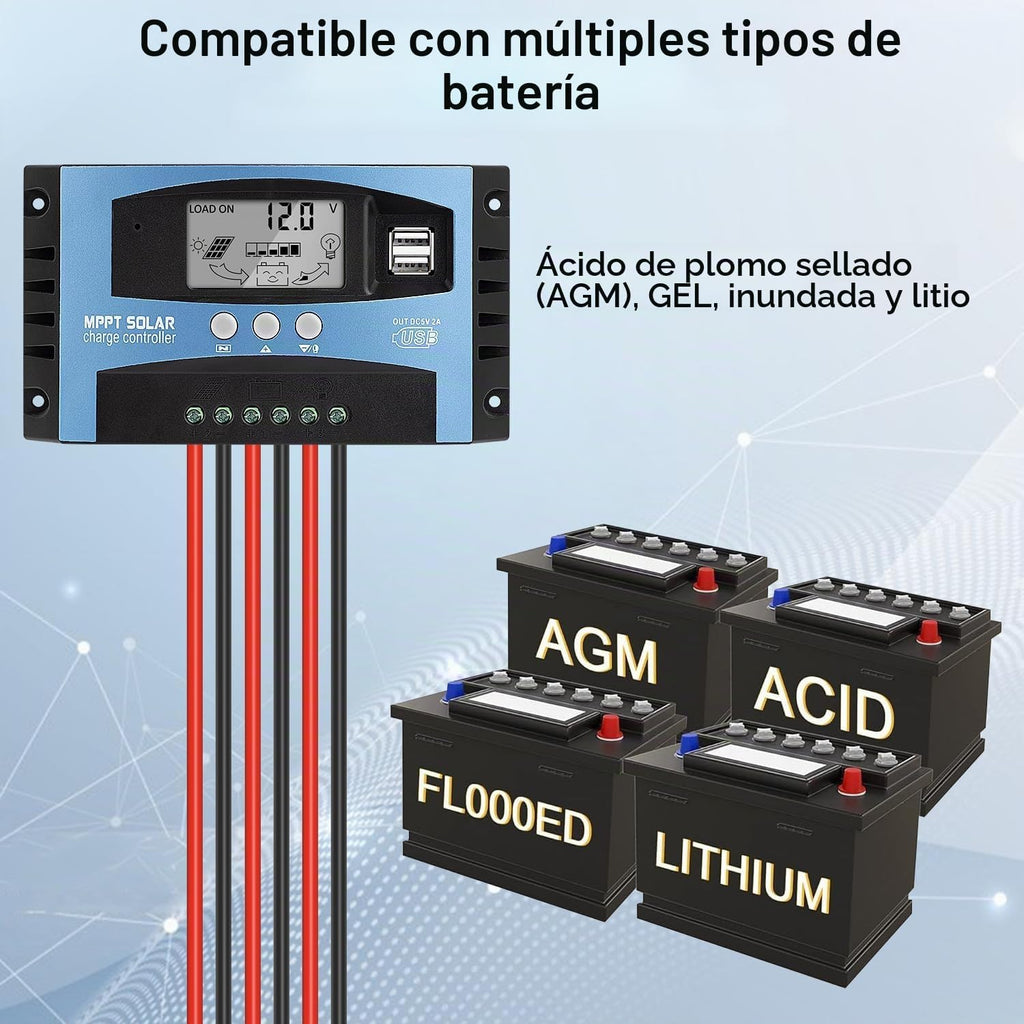 Controlador de carga de panel solar MPPT de 60 A, controlador de cargador de batería solar automático de 12 V/24 V con pantalla LCD, puerto USB dual y temporizador de ajuste de horas de