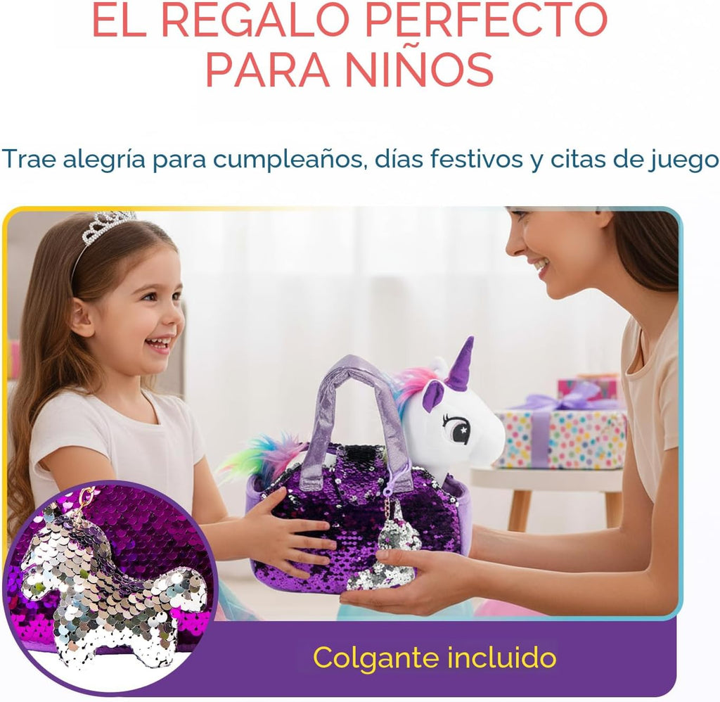 Little Jupiter Juego de mascotas de felpa con bolso, animales de peluche para niñas, peluches de unicornio, regalo para edades de 4 a 5 años, 6 a 7 años (unicornio blanco)