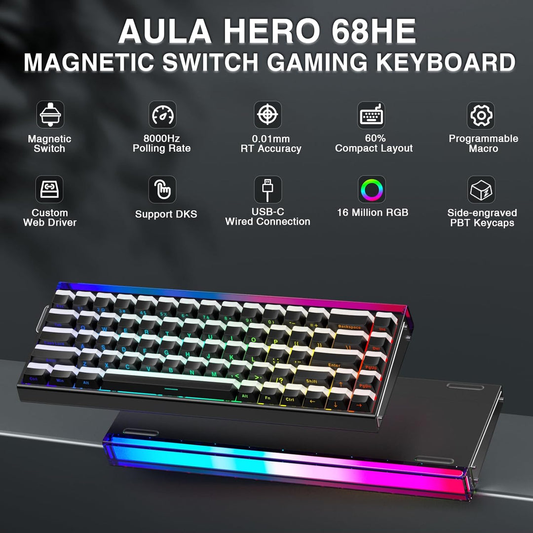 AULA Hero 68 HE 60% Teclado para juegos con cable, interruptor magn...