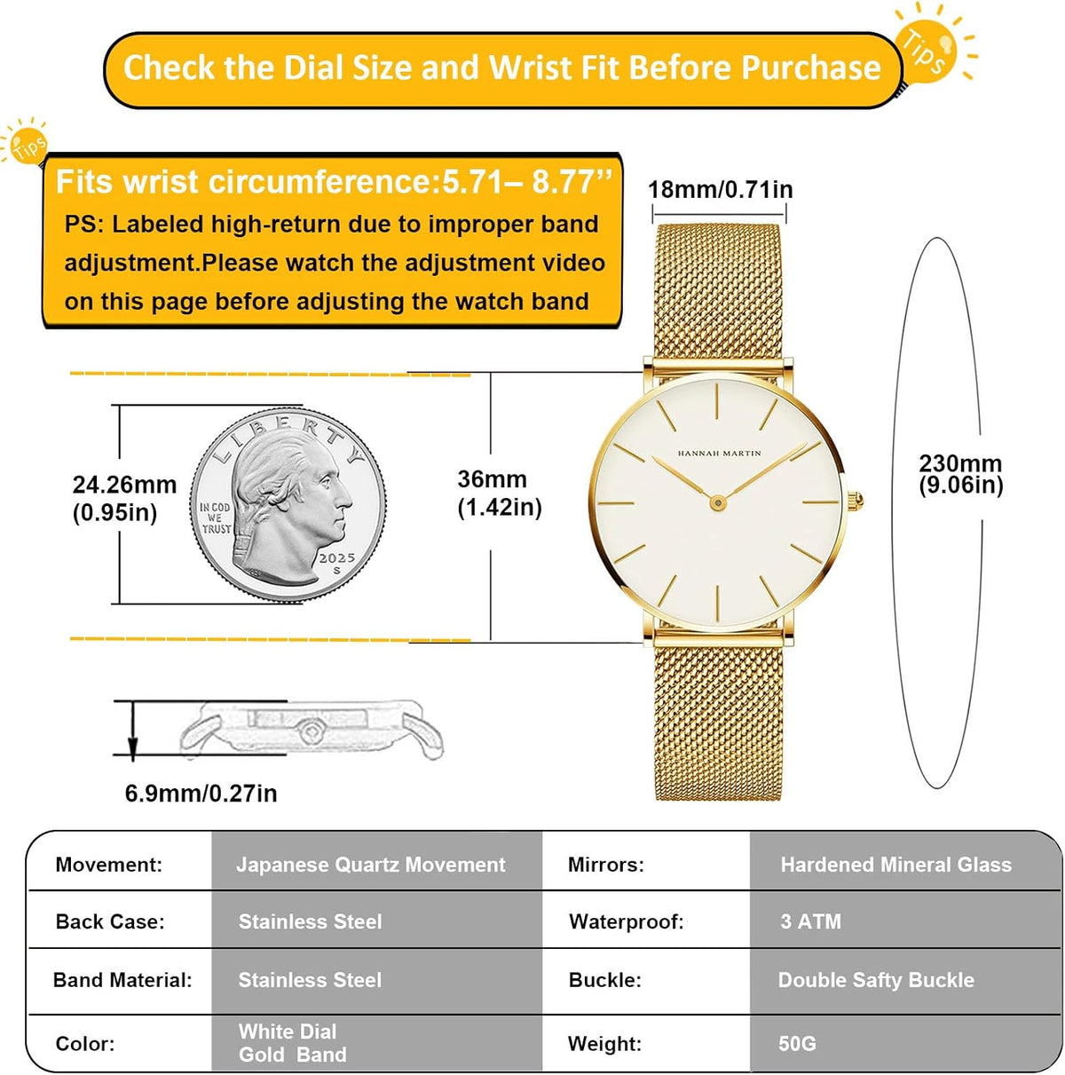 Relojes dorados para mujer, reloj de cuarzo redondo con clase, minimalista, impermeable, pulsera de acero inoxidable, reloj para mujer