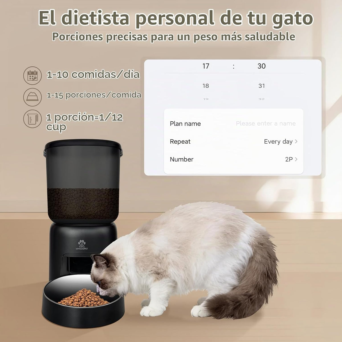 Alimentador automático para gatos, dispensador automático de alimentos para gatos 5G WiFi con bolsa desecante, alimentador para mascotas con temporizador de 5 litros con servicio de aplicación gratuito, porciones ajustables de hasta 1/12 taza, hasta 10