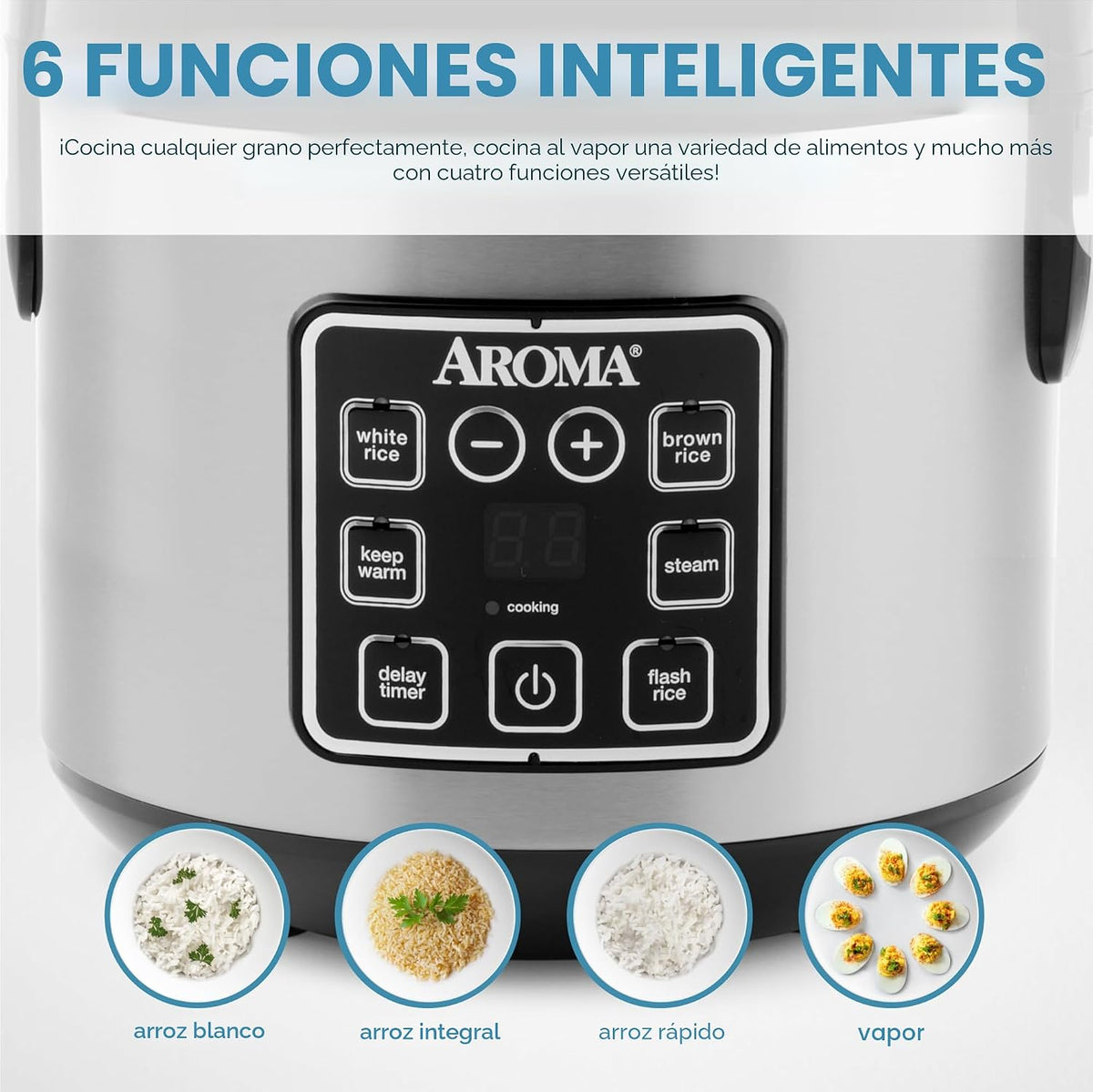 Olla arrocera y olla a vapor Aroma Housewares ARC-914SBD digital con aislamiento térmico, 8 tazas (cocinadas), plateado, Plateado