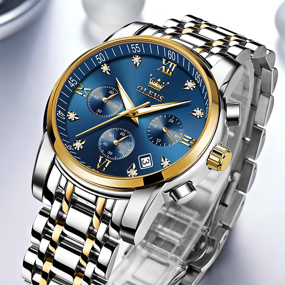 OLEVS Relojes de Oro para Hombres Reloj de Pulsera de Lujo a Prueba de Agua Gran Cara Elegante Acero Inoxidable Analógico Cuarzo Fecha Cronógrafo Luminoso Lectura Fácil Relojes de Negocios Regalos para Hombres Graduación