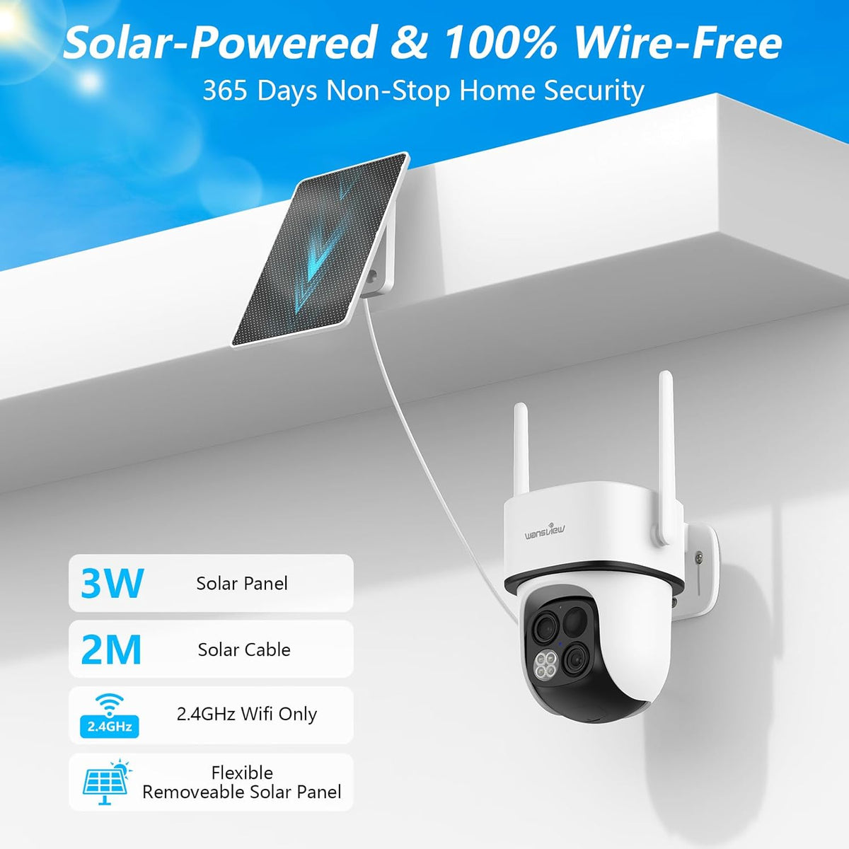 Wansview Cámara solar inalámbrica para exteriores, lente dual 2K 360°, 2.4G, B7 1 paquete | Cámaras PTZ 2K para seguridad del hogar con panel solar/alimentada por batería, detección PIR