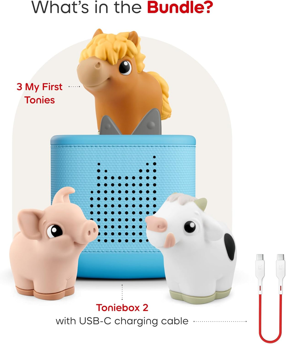 Toniebox 2 My First Farm Bundle para niños de 1 años en adelante, con vaca, caballo y cerdo suaves y exprimibles, azul cielo