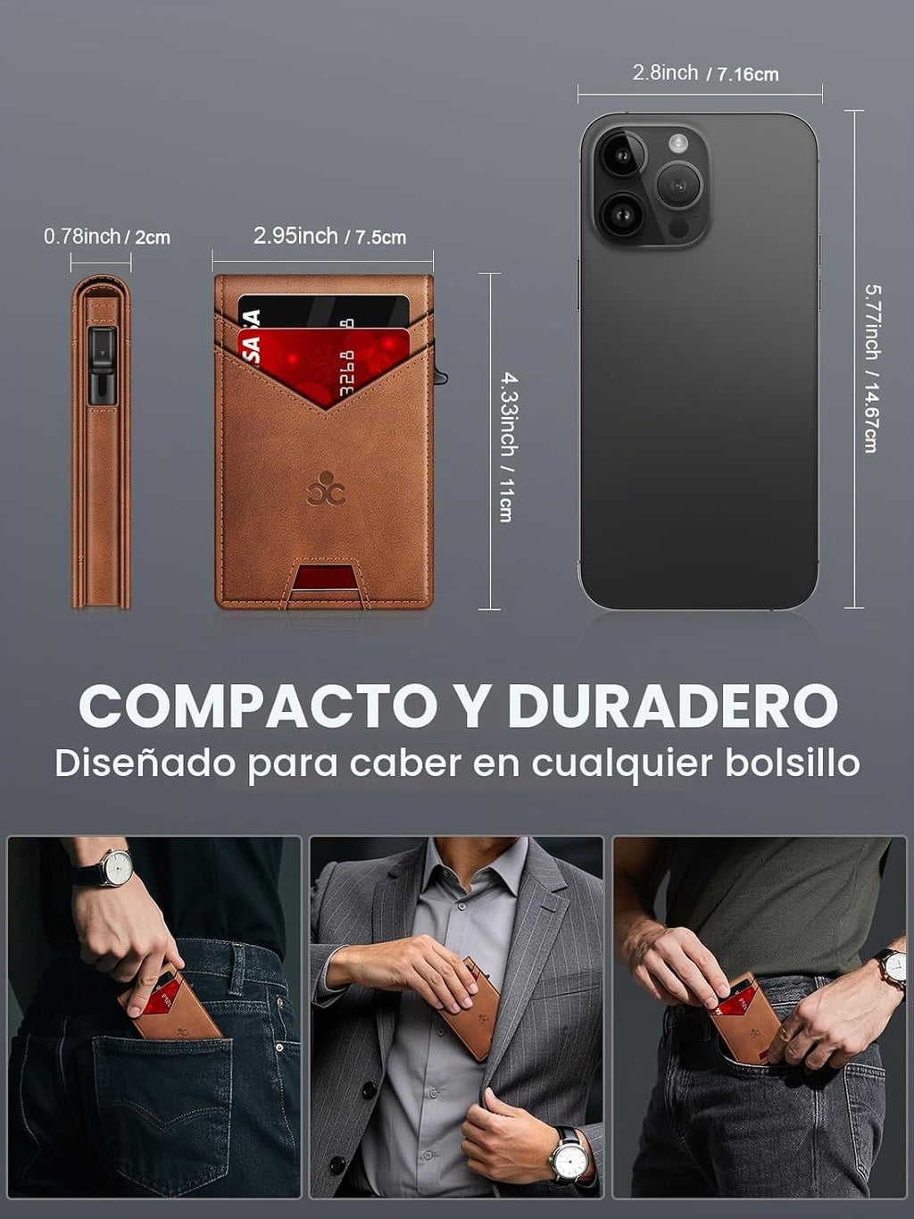 Billetera para hombre con bloqueo RFID minimalista para 12-14 tarjetas | Cartera inteligente delgada y plegable con ventana para identificación y ranura para efectivo, bolsillo frontal, estuche