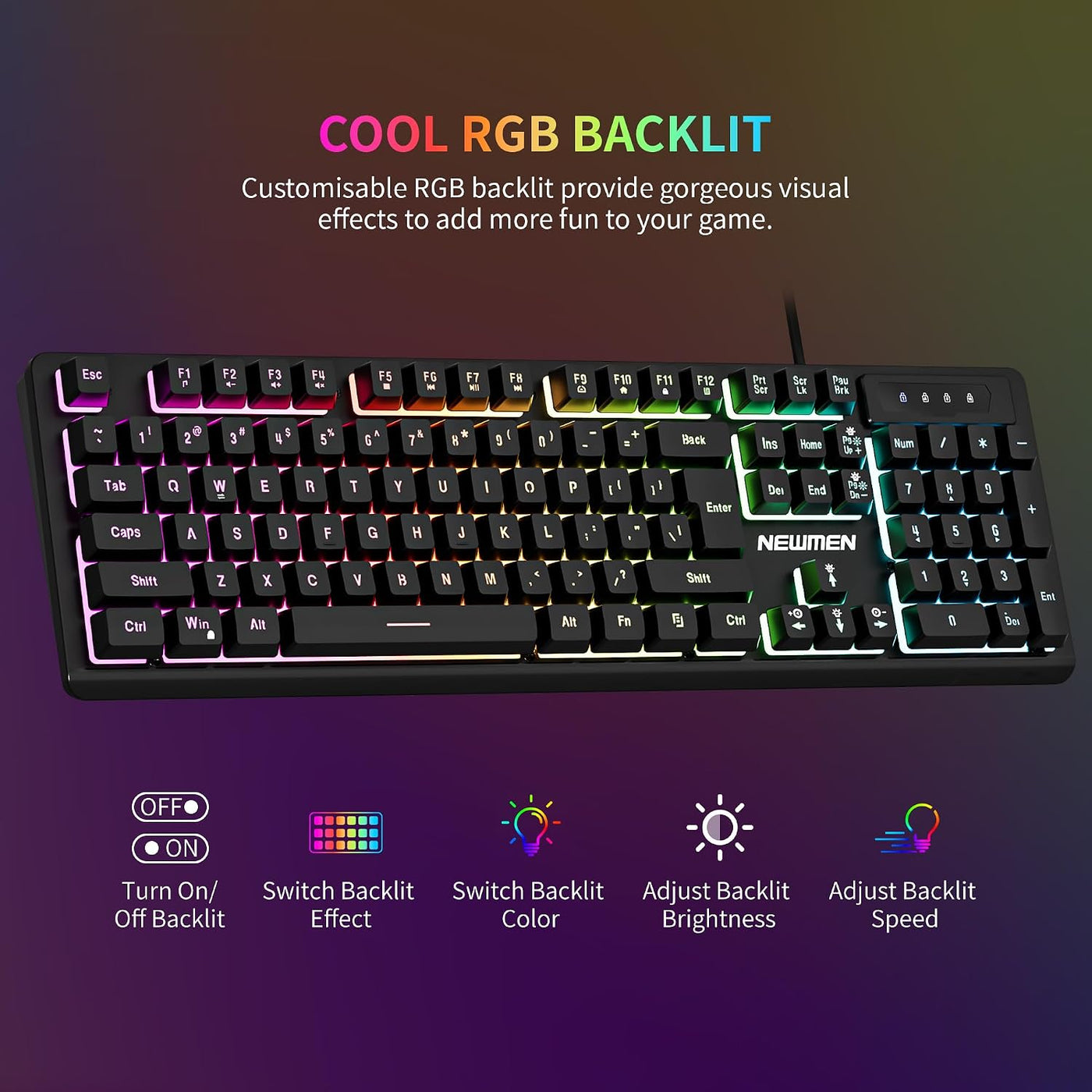 Newmen GM104 Combo de teclado y mouse para juegos con cable, teclad...
