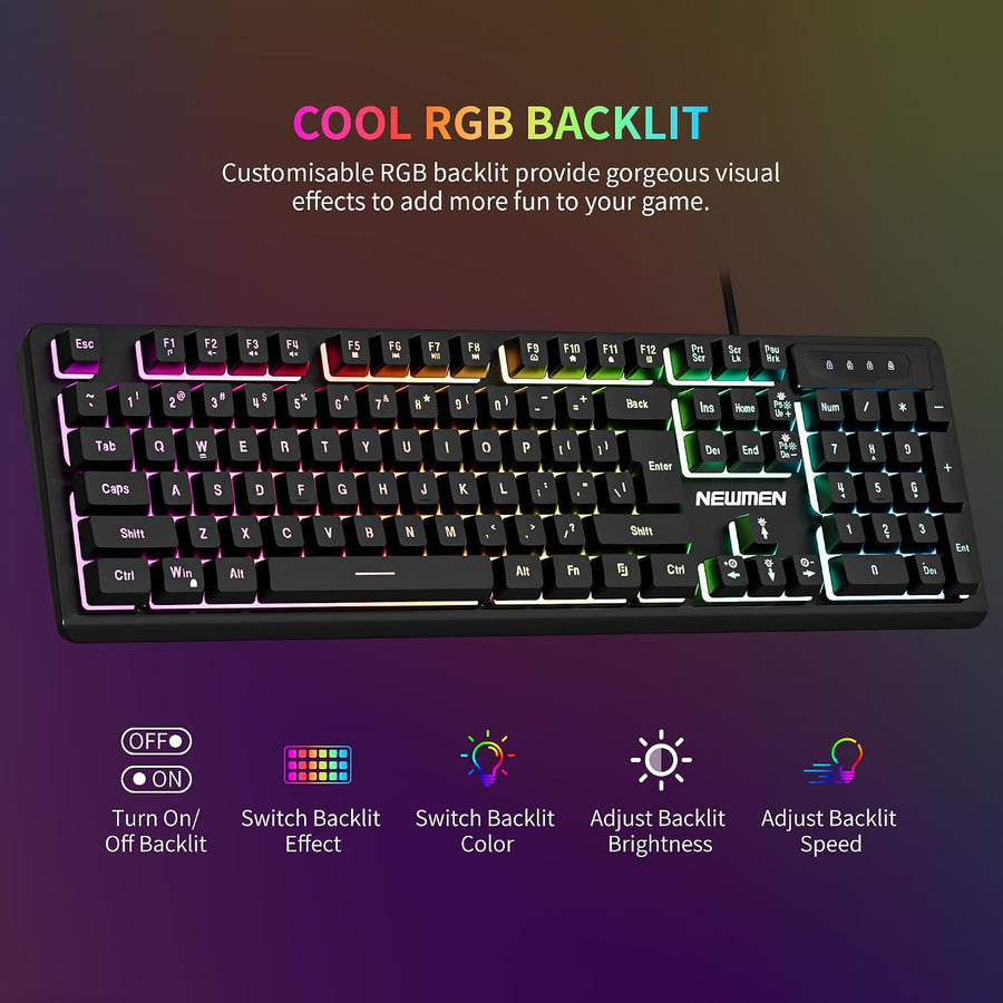 Newmen GM104 Combo de teclado y mouse para juegos con cable, teclad...