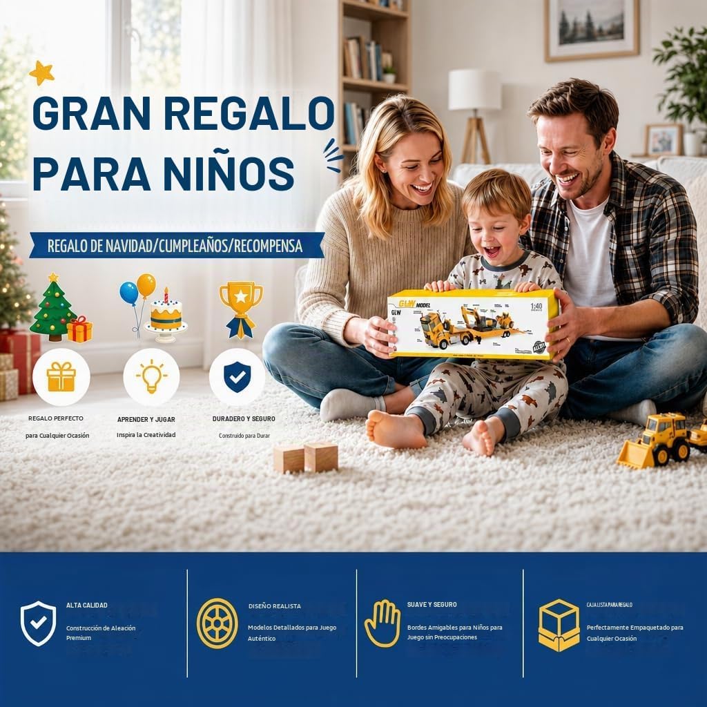 Juego de vehículos de construcción de aleación fundida a presión con semirremolque, excavadora y bulldozer – Luces y sonidos reales, piezas movibles – Juguetes de aprendizaje regalo para niños